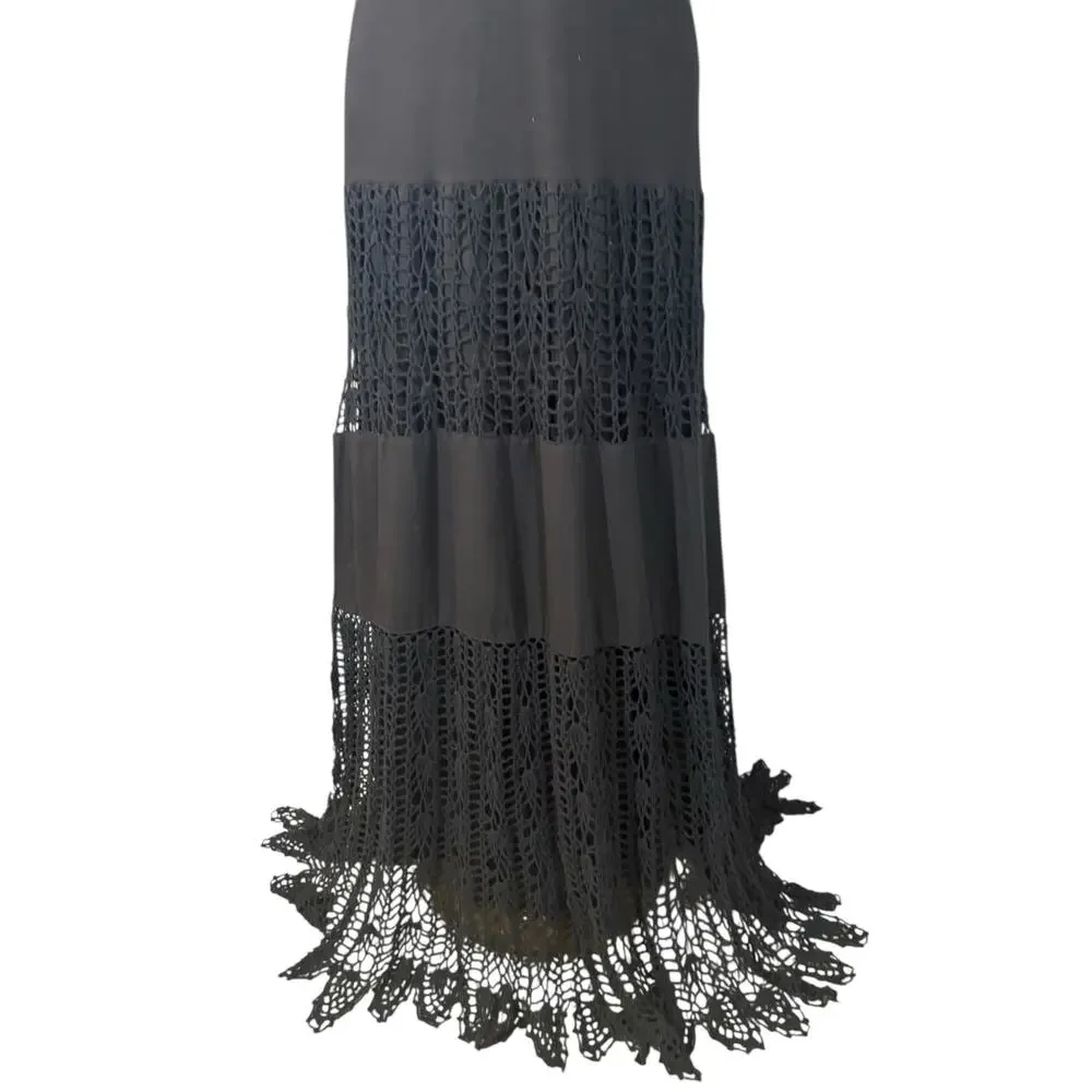 VTG Y2K Black Cotton Boho Maxi Dress Medium Smocked Crochet Knit‎ Slip Casual